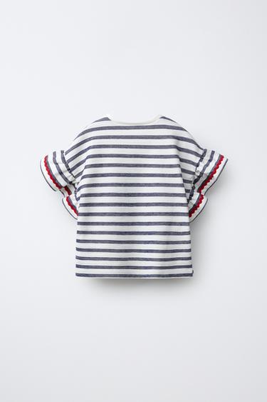 WOVEN STRIPED T-SHIRT WITH RUFFLE TRIM - Navy blue by Zara - Image 1