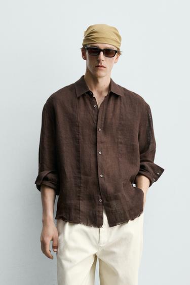 100% LINEN SEMI-SHEER SHIRT - Brown by Zara