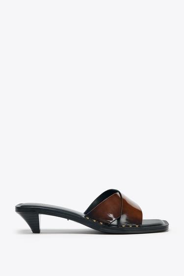 Zara LEATHER KITTEN MULES - Brown