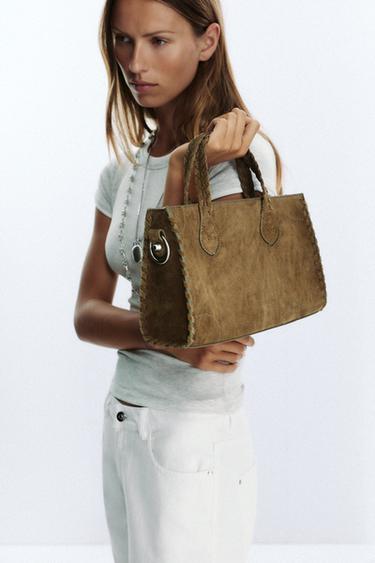 Zara BRAIDED SPLIT LEATHER CITY BAG - Green