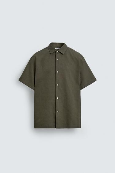 TEXTURED COTTON/LINEN SHIRT - Dark olive by Zara