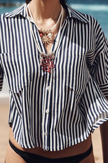 Zara LINEN BLEND CROPPED SHIRT - Blue / White