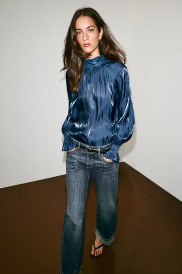SATIN SHIRT WITH BOW - Navy blue by Zara