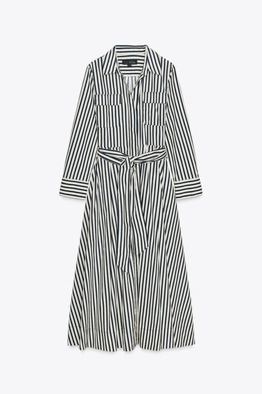 Zara ZW COLLECTION 條紋襯衫式洋裝 - 裸色 / 藍色