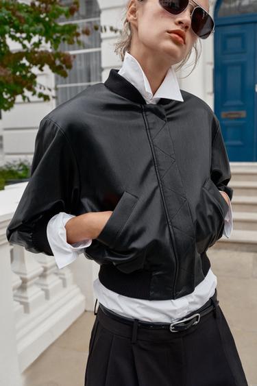 FAUX LEATHER BOMBER JACKET WITH SHOULDER PADS - Black by Zara