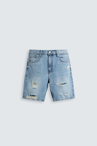 Zara RIPPED DENIM SHORTS - Mid-blue