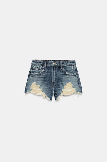 TRF HIGH-WAIST RIPPED DENIM SHORTS - Blue by Zara