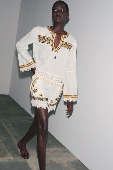 ZW COLLECTION EMBROIDERED SHORTS - Ecru by Zara