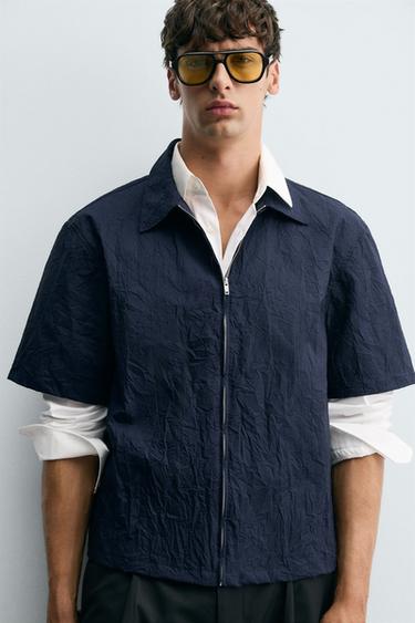 CREASED-EFFECT ZIP-UP SHIRT - Navy blue by Zara - Image 4