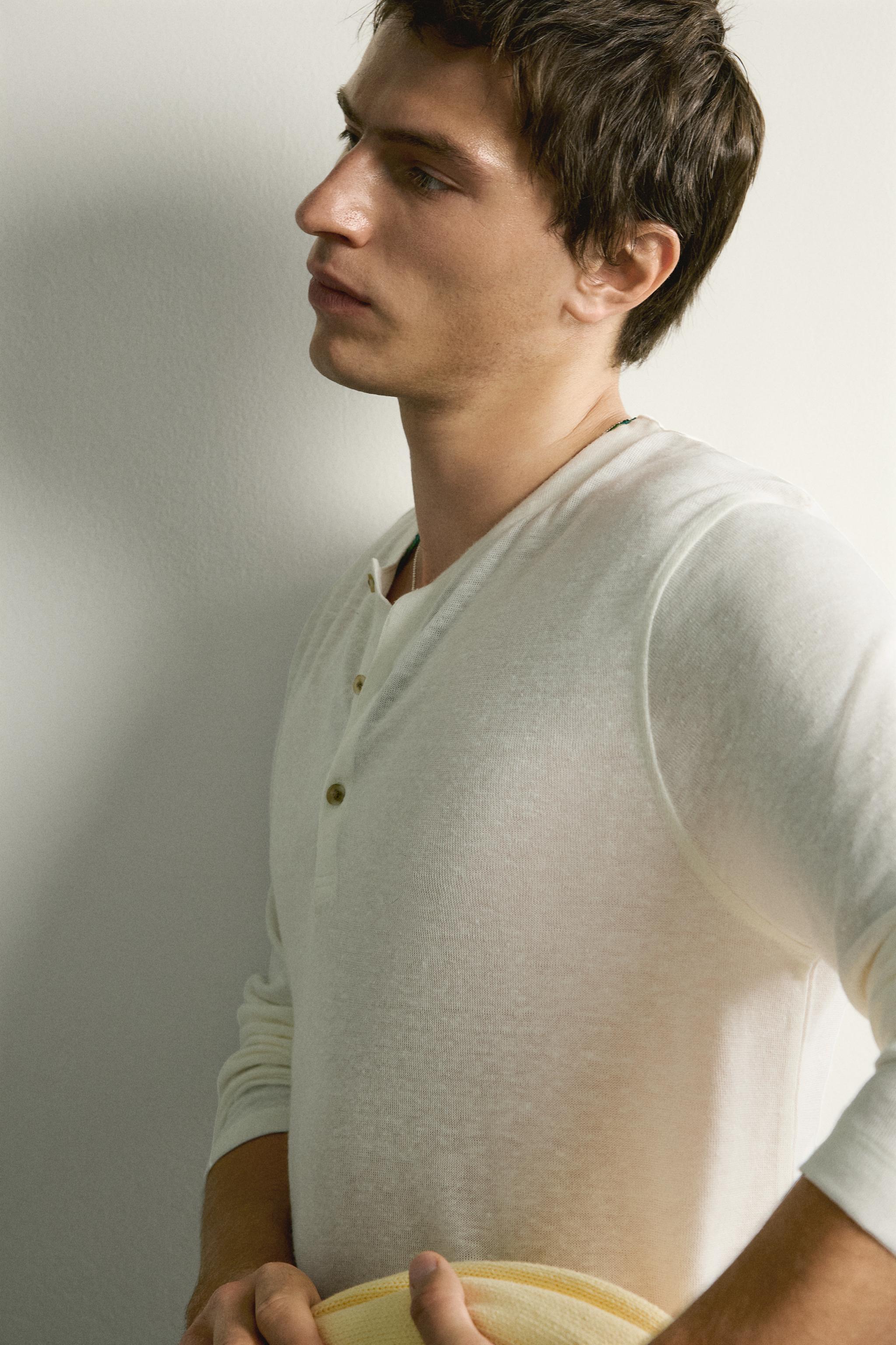 Мужские рубашки Zara HEMP-VISCOSE HENLEY SHIRT — фото 5