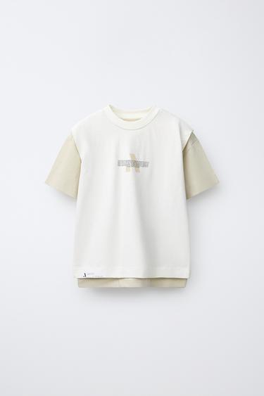 Zara 雙層設計運動風 T 恤 - 駝色/白色 - 圖片 0