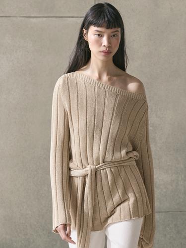 Pull maille col bateau coton mélangé - Beige clair de Zara