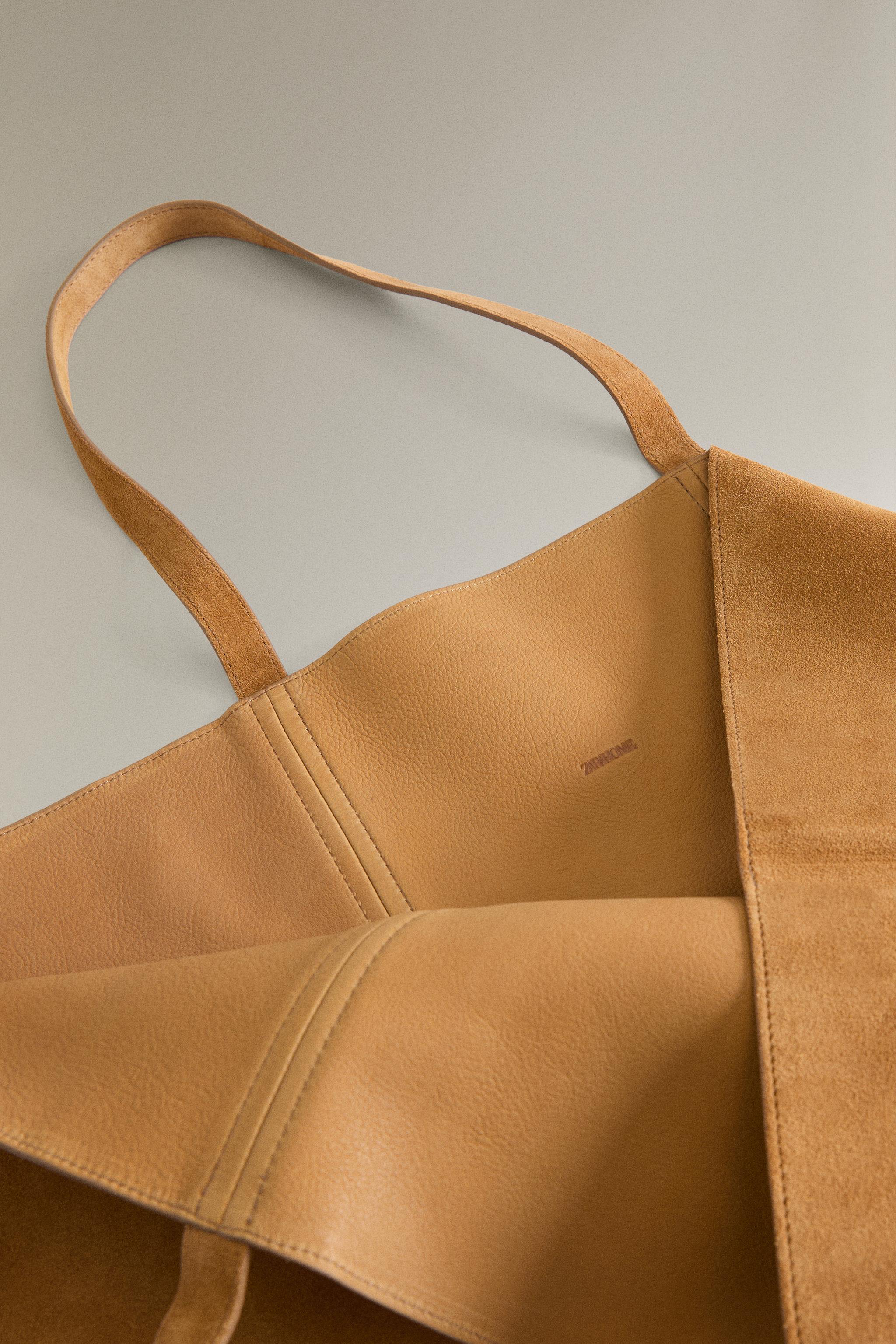 REVERSIBLE SPLIT SUEDE LEATHER TOTE BAG — Brown