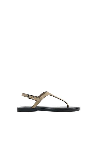 Beige flat sandal with a black sole and buckle fastening, on a white background. Minimalist and elegant design.