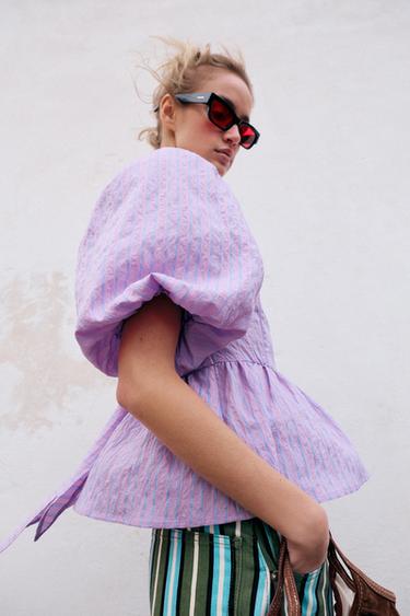 BLOUSE À RAYURES MANCHES BOUFFANTES ET NŒUD - Rose / Lilas de Zara - Image 2
