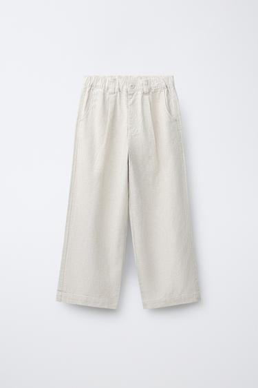 PANTALON DROIT EN COTON ET LIN - Beige clair de Zara