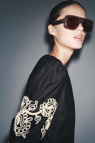 TOP BRODÉ MÉLANGE DE LIN ZW COLLECTION - Noir de Zara - Image 1