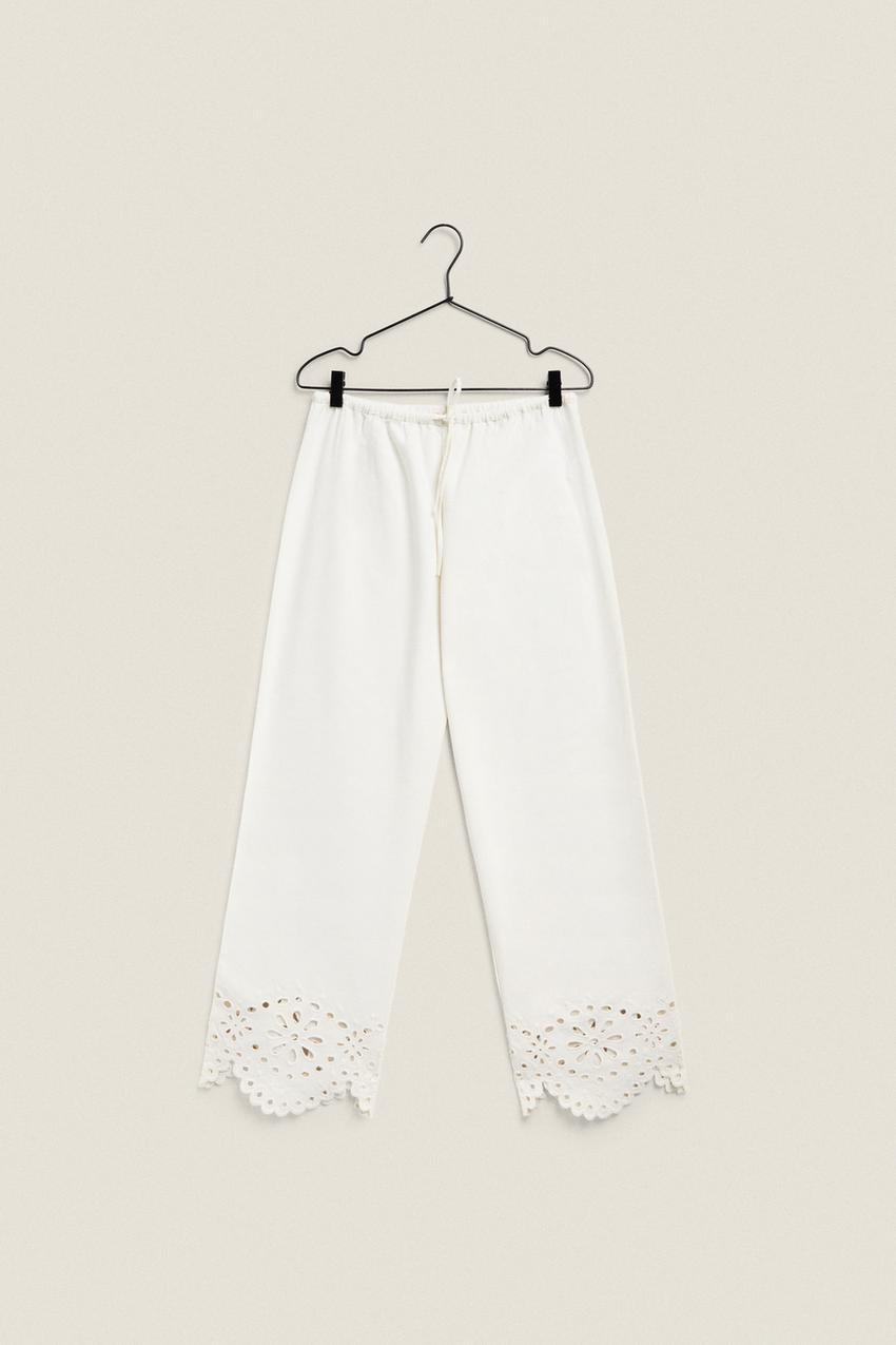 Ankle-Length Pants with Embroidered Hem