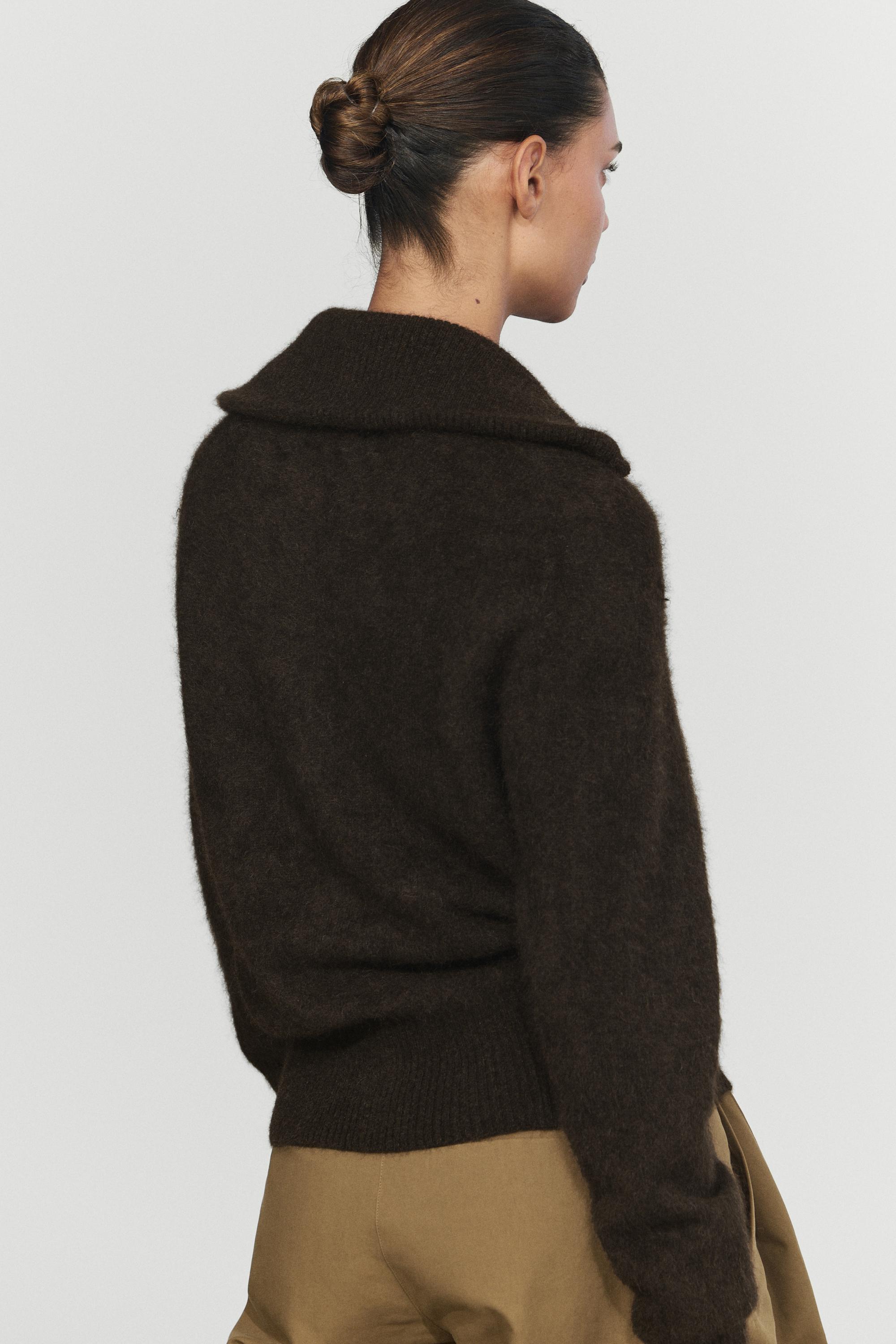 Brushed high-neck knit cardigan