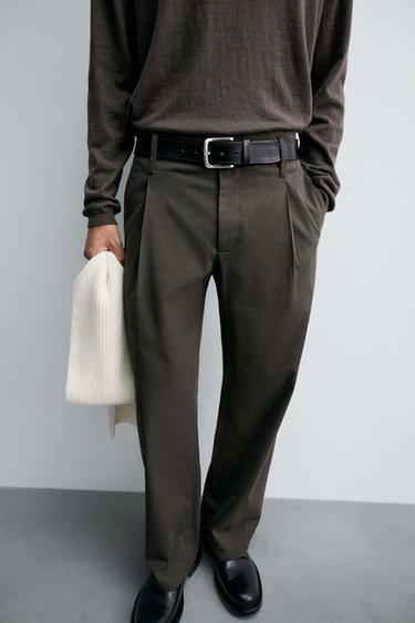 COTTON-VISCOSE PLEATED TROUSERS - Dark khaki by Zara - Image 4
