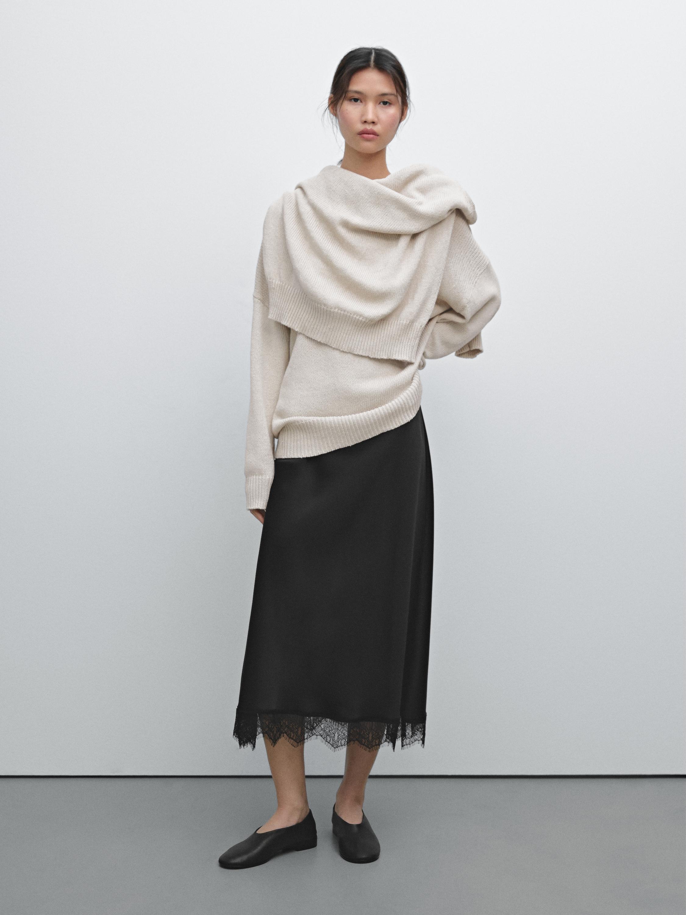 Satin midi skirt with lace detail - Black | ZARA United States