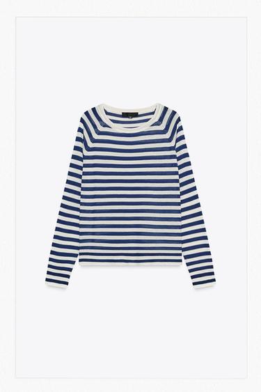 FINE KNIT STRIPED SWEATER - Ecru / Blue by Zara