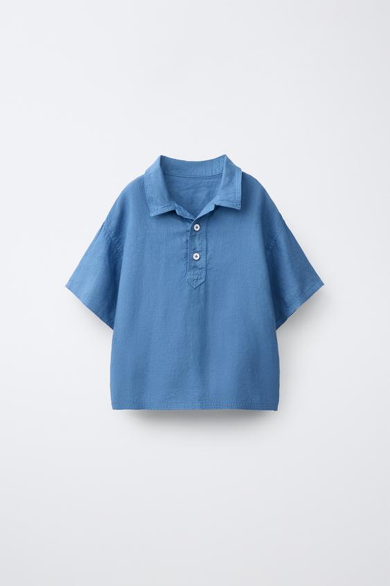 100% LINEN POLO SHIRT - Ecru / Blue by Zara - Image 0