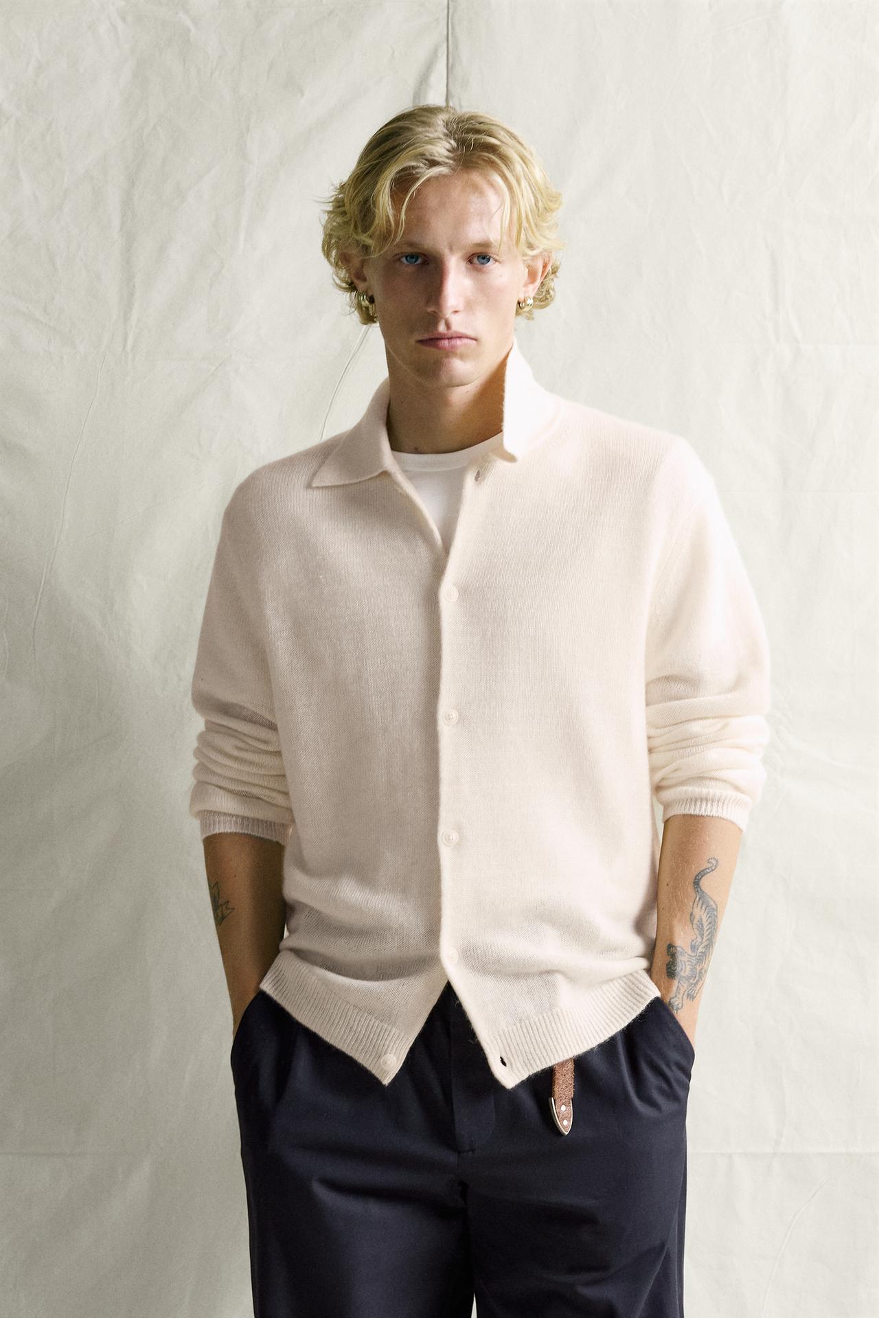 LINEN AND CASHMERE REGULAR-FIT CARDIGAN — Ecru
