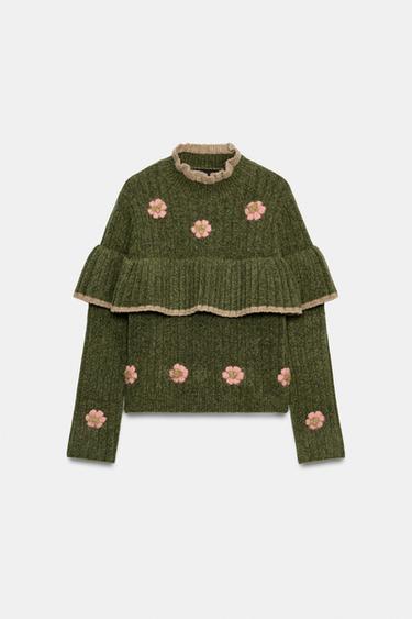 SUÉTER DE TRICÔ COM FLORES E BABADOS - Verde da Zara - Imagem 0