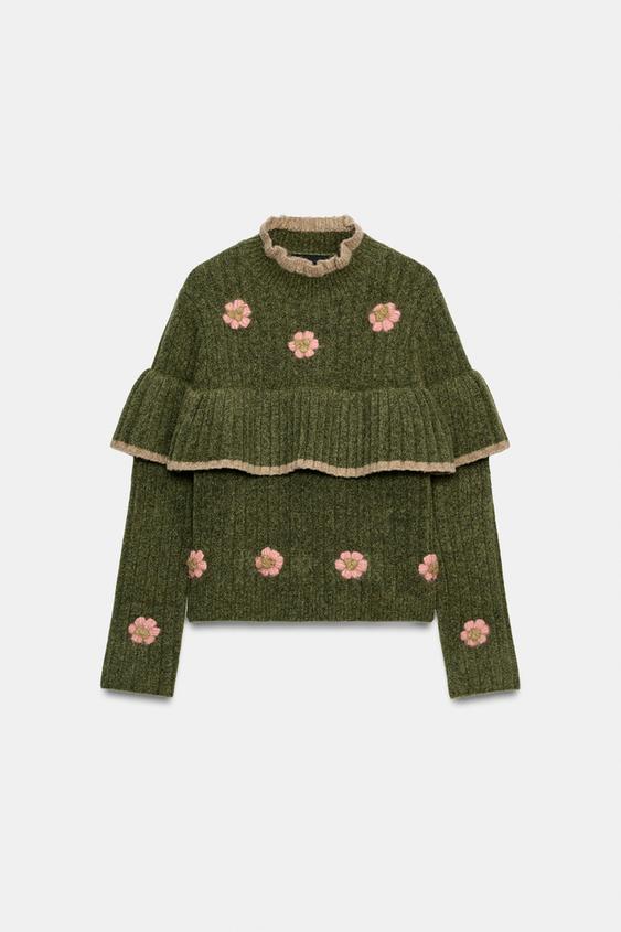 SUÉTER DE TRICÔ COM FLORES E BABADOS - Verde da Zara - Imagem 0