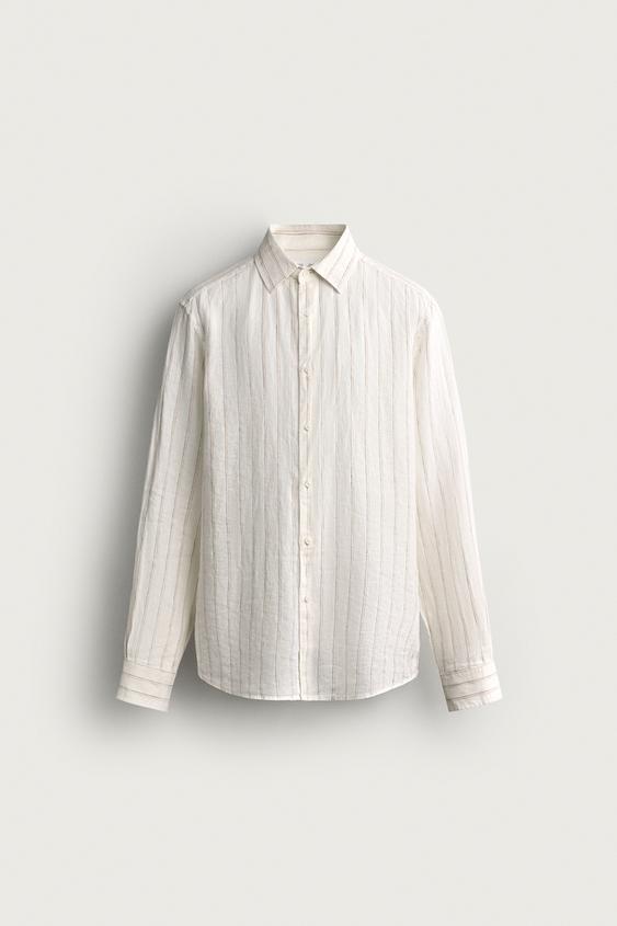 RELAXED FIT CHECK 100% LINEN SHIRT - White by Zara - Image 0