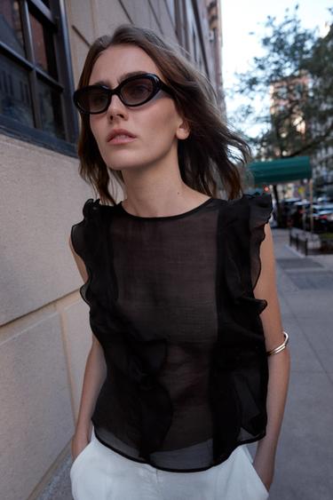 Zara SEMI-SHEER RUFFLED BLOUSE - Black