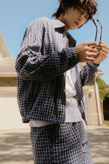 Zara 立體紋理格紋襯衫式外套 - 藍色