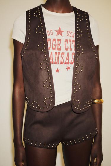 Zara STUDDED FAUX SUEDE VEST - Chocolate