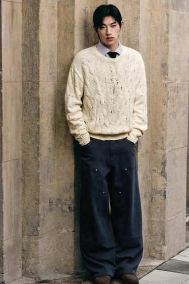 Zara 飾鉚釘工裝長褲 - 海藍色