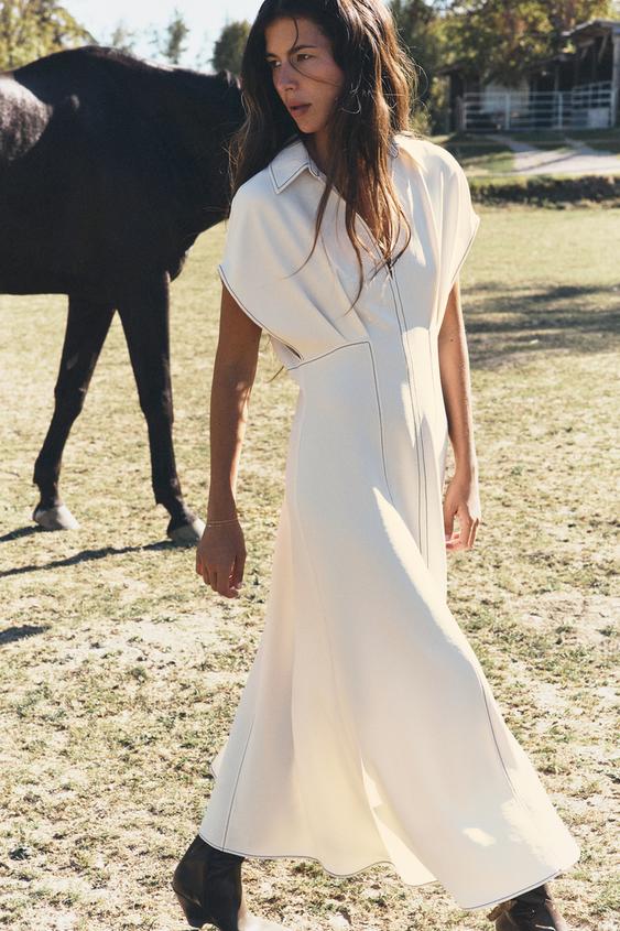 CONTRAST TOPSTITCHING midi dress - Ecru by Zara - Image 0