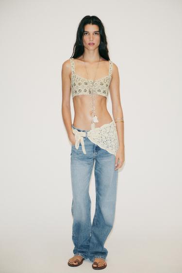 TRF WIDE-LEG MID-WAIST SCARF JEANS - Blue by Zara