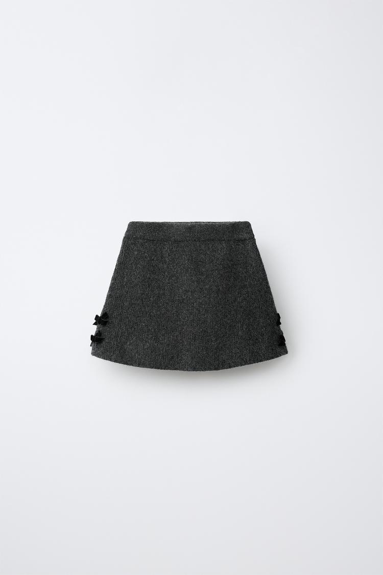 VELVET BOW KNIT SKIRT — Gray marl