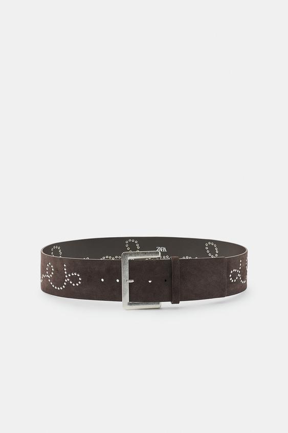 100% SUEDE LEATHER STUDDED BELT - Brown by Zara - Image 0