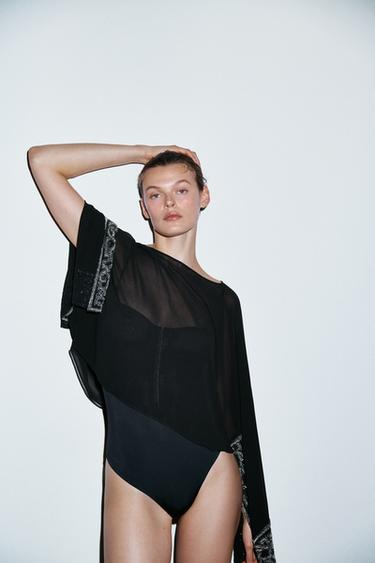 Zara BEADED SEMI-SHEER BATWING CAPE - Black