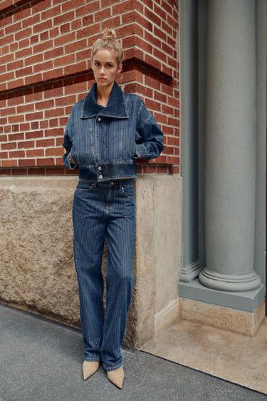 Zara Z1975 STRAIGHT LOW-RISE STRIPED JEANS - Blue