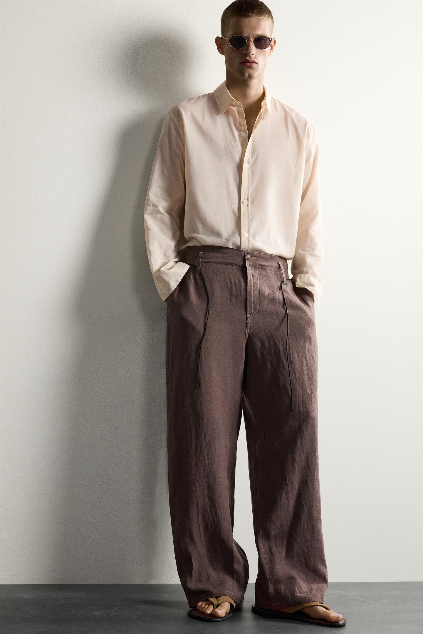 Мужские брюки Zara 100% Linen Relaxed Fit, цвет: Коричневый — фото 5