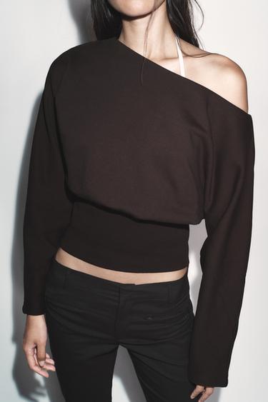 Zara ASYMMETRIC COTTON SWEATSHIRT - Chocolate