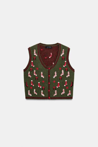 Zara EMBROIDERED CHRISTMAS KNIT VEST - Bottle green
