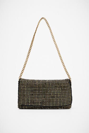 Zara METALLIC FABRIC CROSSBODY BAG - Black