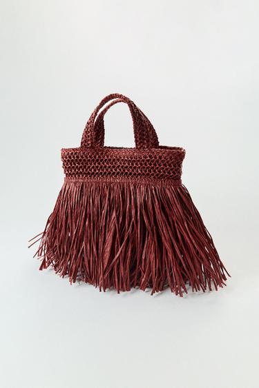 Zara FRINGED MINI HANDBAG - Burgundy Red
