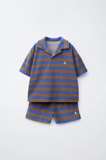 STRIPED TOWELLING POLO SHIRT AND BERMUDA SHORTS SET - Blue by Zara