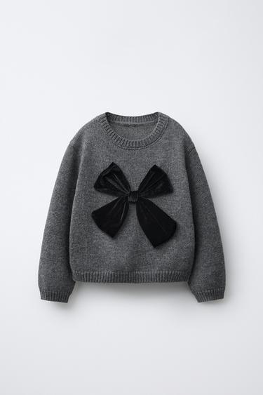 KNIT JUMPER WITH VELVET BOW - Grey marl by Zara - Image 0