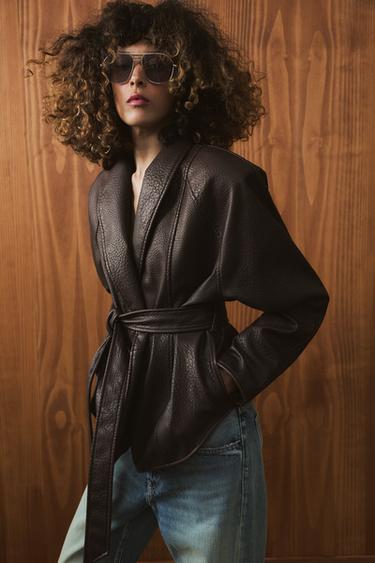 Zara ZW COLLECTION FAUX LEATHER BELTED JACKET - Brown