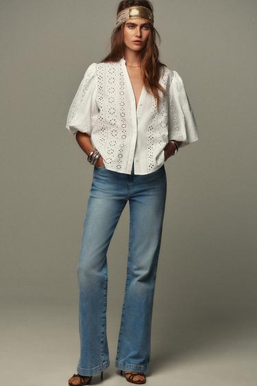 Zara PUFF SLEEVE SHIRT WITH PERFORATED EMBROIDERY - White